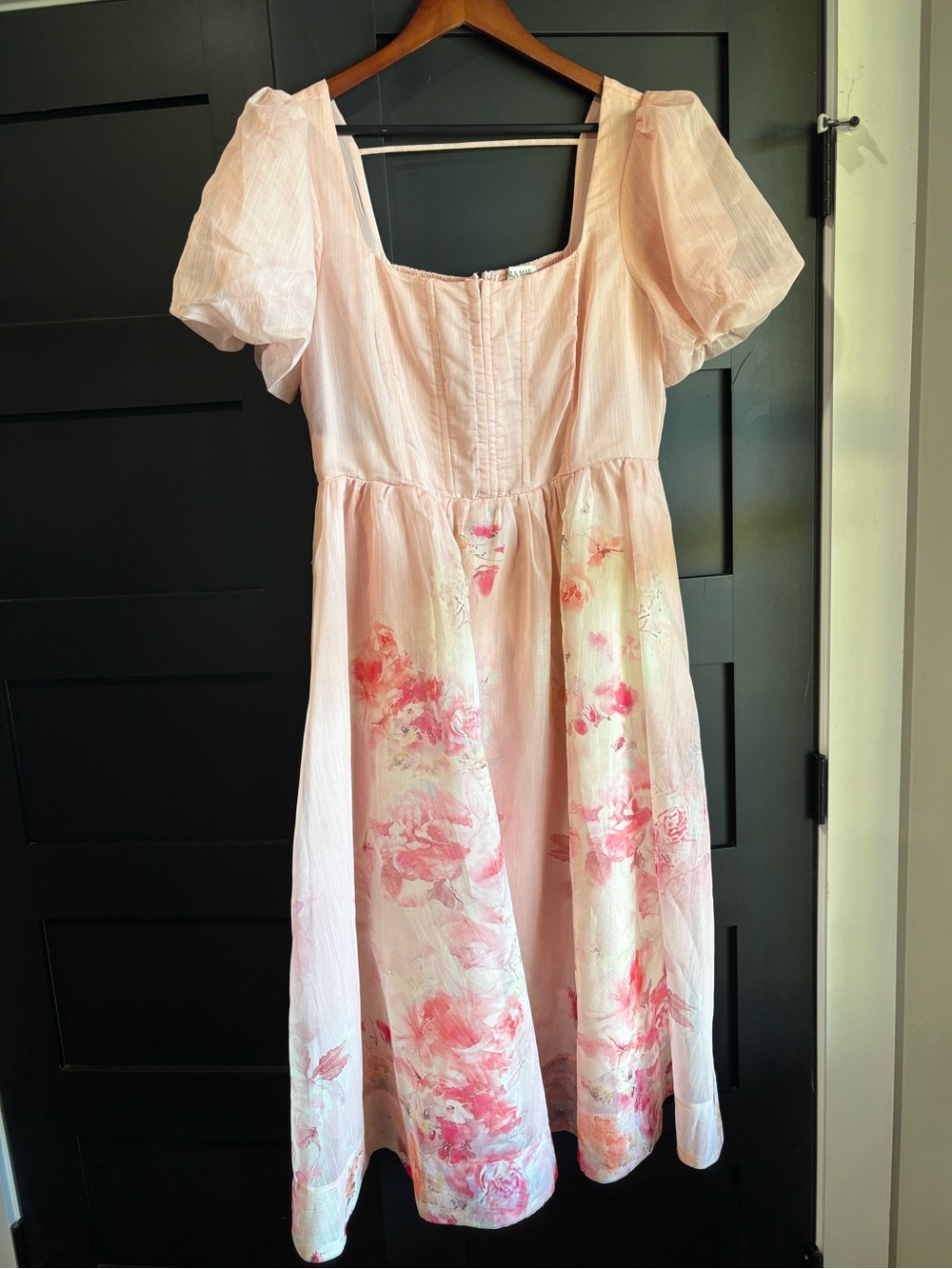 Mila Mae Pink Floral Puff Sleeve Midi Dress Size L